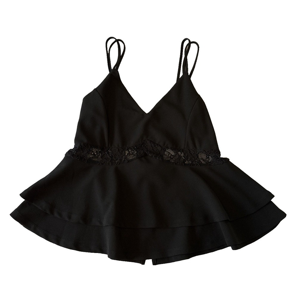Romantic Goth Black Sheer Lace Waist Tiered Ruffle Peplum Cami Tank Top XL Y2K